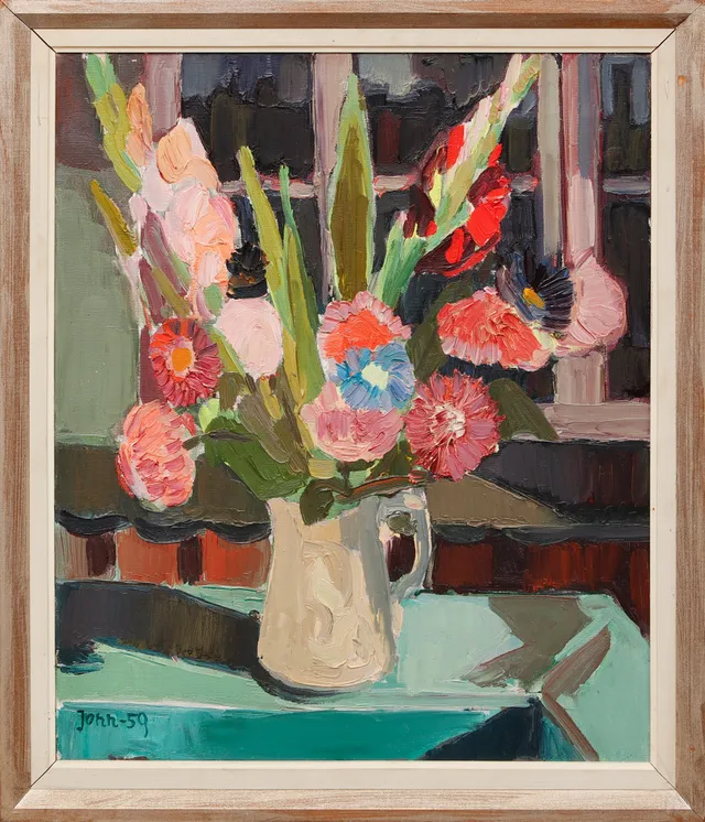 GUNNAR JONN. "Blommor mot mörk ruta", olja på duk, signerad och daterad -59.