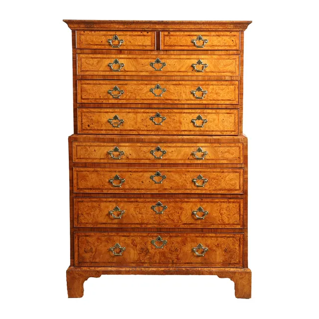 A SUPERB GEORGE II BURR YEW WOOD & INLAID CHEST ON CHEST, CIRCA 1730.