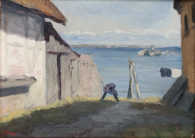 UBEKENDT KUNSTNER. Kystmotiv med udsigt imellem fiskerhuse, olie på lærred, signeret, 1800 tallets anden halvdel.