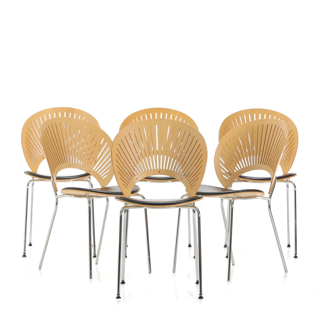 Nanna Ditzel. A set of six 'Trinidad' chairs. Maple, black leather (6) — Furniture/Chairs — Lauritz