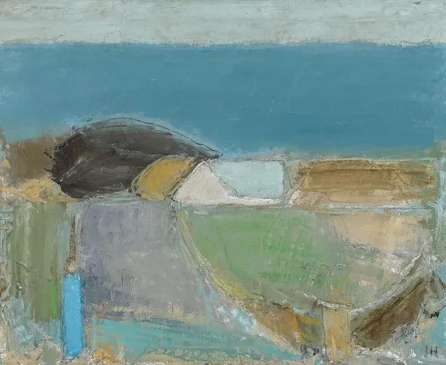 Landscape with figure and farm. Signed JH. Oil on canvas. 60×73 cm.