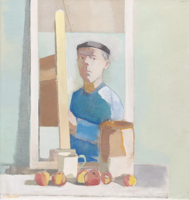 HUGO SIMSON (1910-1970). "Självporträtt vid staffliet", olja på duk, signerad.