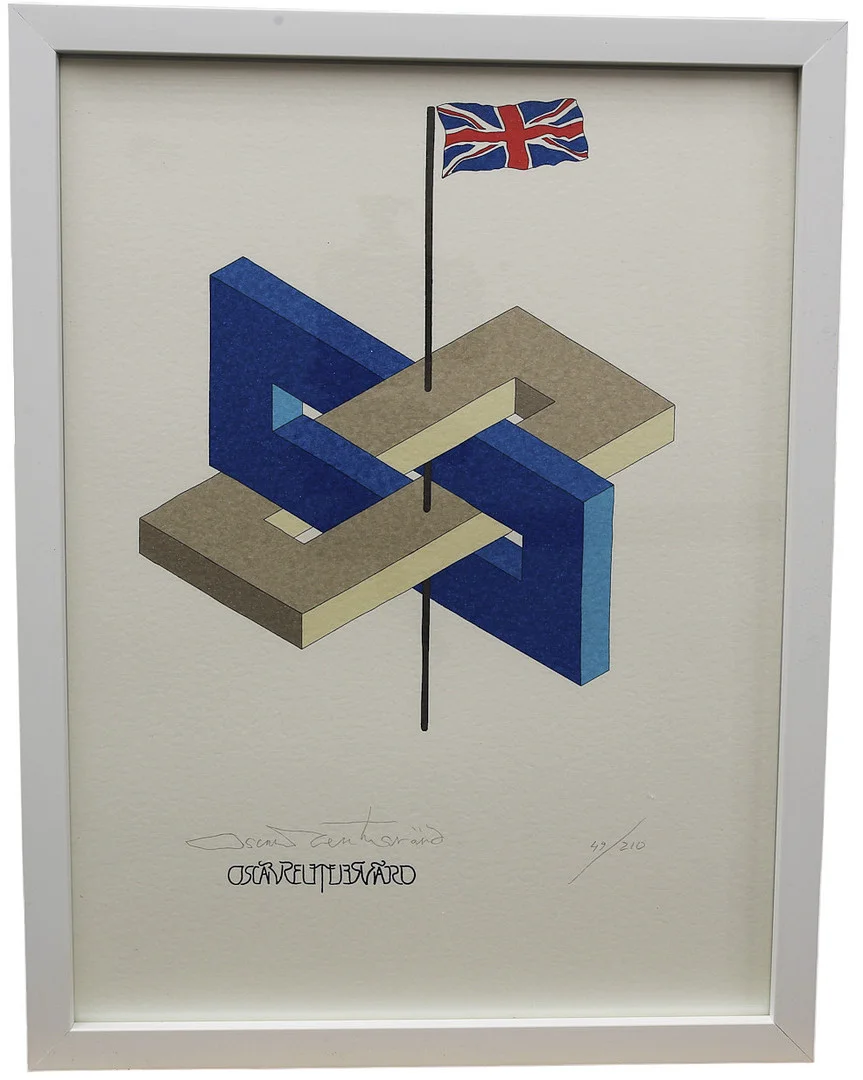 OSCAR REUTERSVÄRD. Färglitografi ur mappen "Fifteen European Impossible Figures". Storbritannien, numrerad 52/210, signerad. — Engravings & Prints — Limhamns Auktionsbyrå