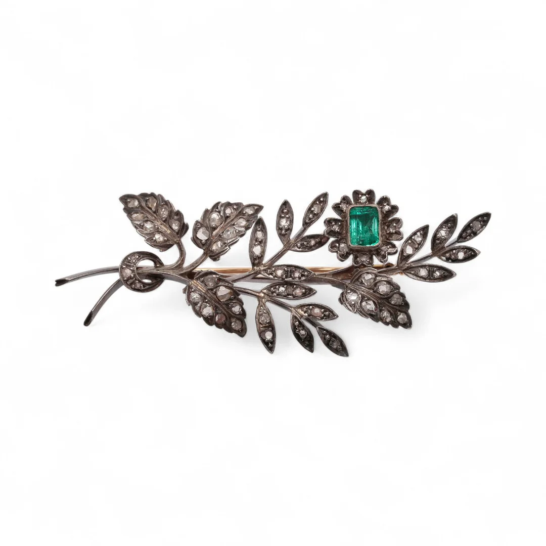 Diamonds and emerald floral brooch, circa 1940. — Brooches & Pendants — Balclis