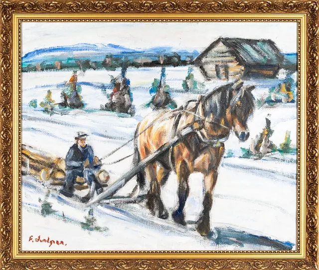 FRED LUNDGREN. Olja på duk, Kuskscen, Signerad.