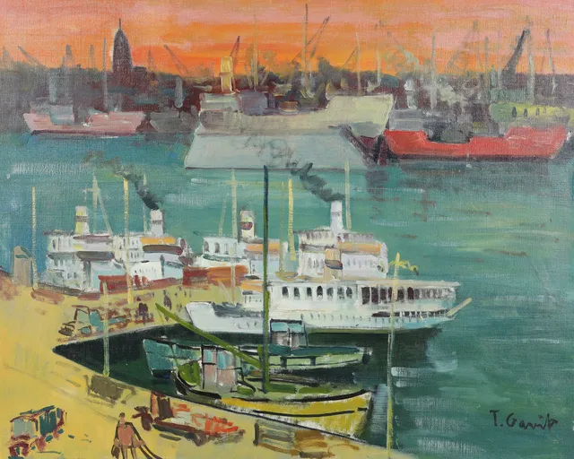 TAGE GAVIK. Olja på duk, motiv över Göteborgs hamn, signerad T Gavik.