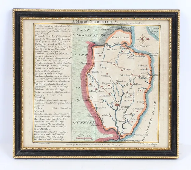 THOMAS BADESLADE & WILLIAM TOMS: A MAP OF NORFOLK c.1741.