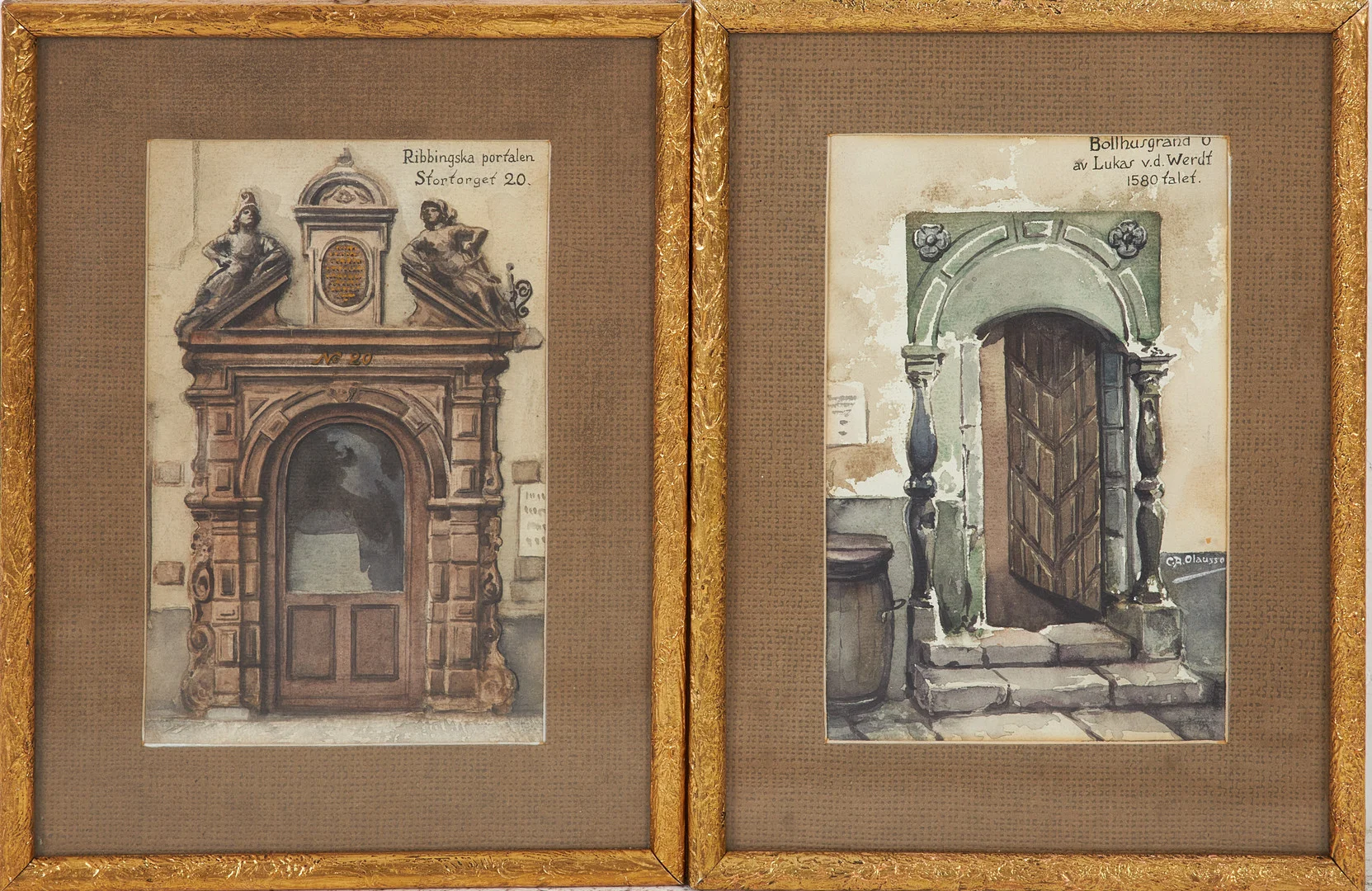 CARL AUGUST OLAUSSON. Akvareller, 2 st, Bollhusgränd samt Ribbingska portalen, en signerad. — Paintings — Stockholms Auktionsverk Sickla