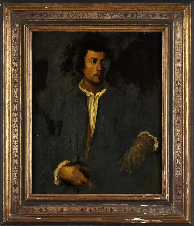 TIZIANO II VECELLIO TIZIANELLO (c.1570-c.1650): kopia efter, ”L’Homme au gant” (mannen med handsken), 17/1800-tal, olja på pannå.