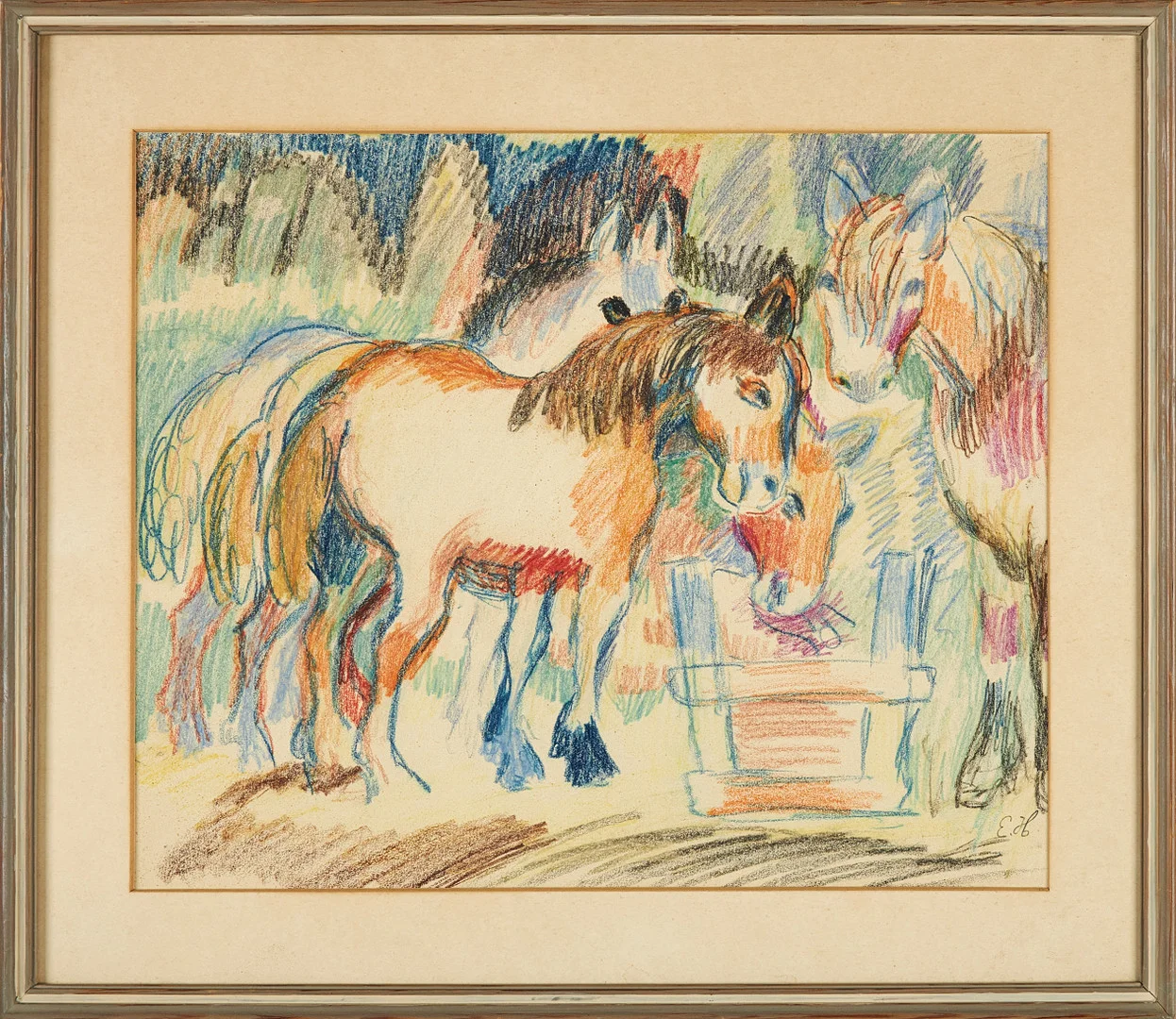 ESTER HENNING (1887-1985). Motiv med hästar, pastell, signerad E.H. — Paintings — Stockholms Auktionsverk Sickla