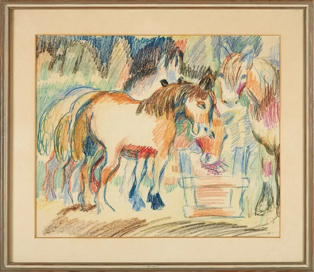 ESTER HENNING (1887-1985). Motiv med hästar, pastell, signerad E.H.