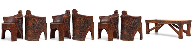 Gustaf Fjæstad, bord samt stabbestolar, 6 stycken, jugend Arvika ca 1908-1914.