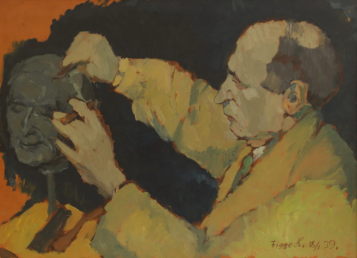 FIGGE HOLMGREN. Olja på pannå, "Skulptören", signerad. — Paintings — RA Auktionsverket Norrköping