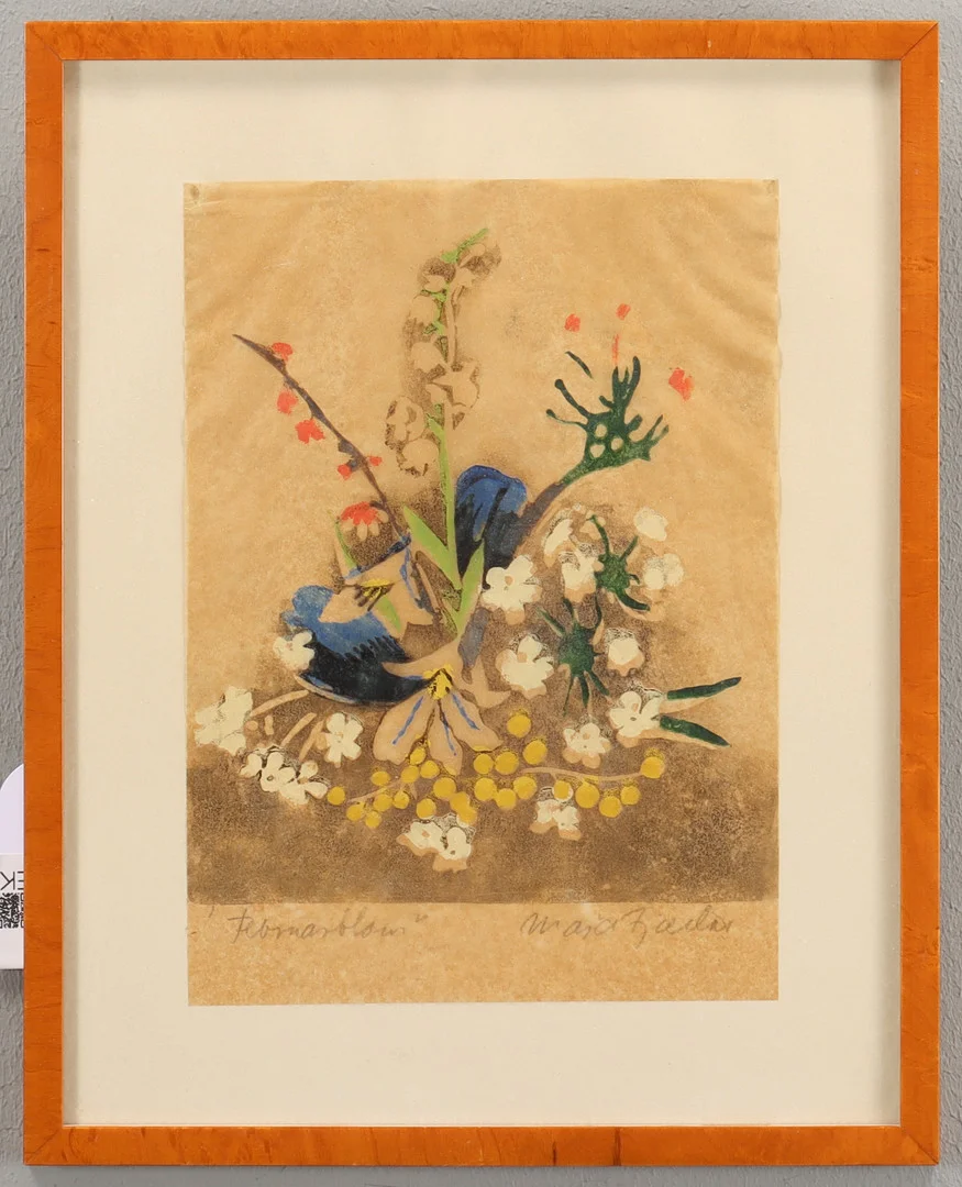 MAJA FJAESTAD. Handtryck, Februariblommor. Signerad. — Engravings & Prints — Karlstad Hammarö Auktionsverk
