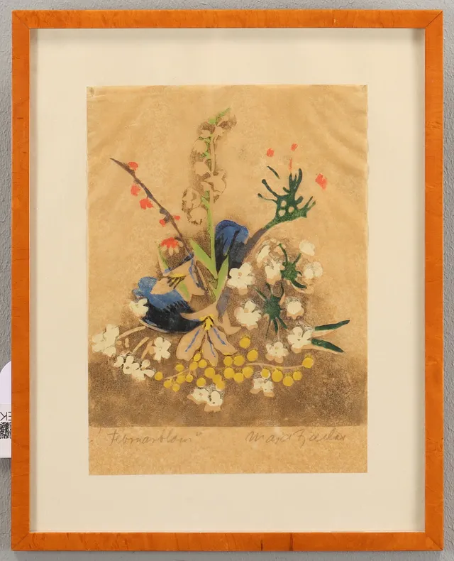 MAJA FJAESTAD. Handtryck, Februariblommor. Signerad.