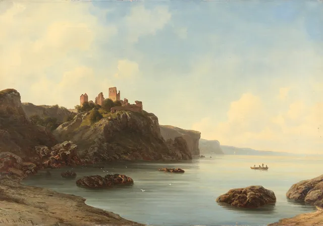 GEORG EMIL LIBERT (1820-1908). Parti fra Bornholm med Hammershus i baggrunden, olie på lærred, 1857.