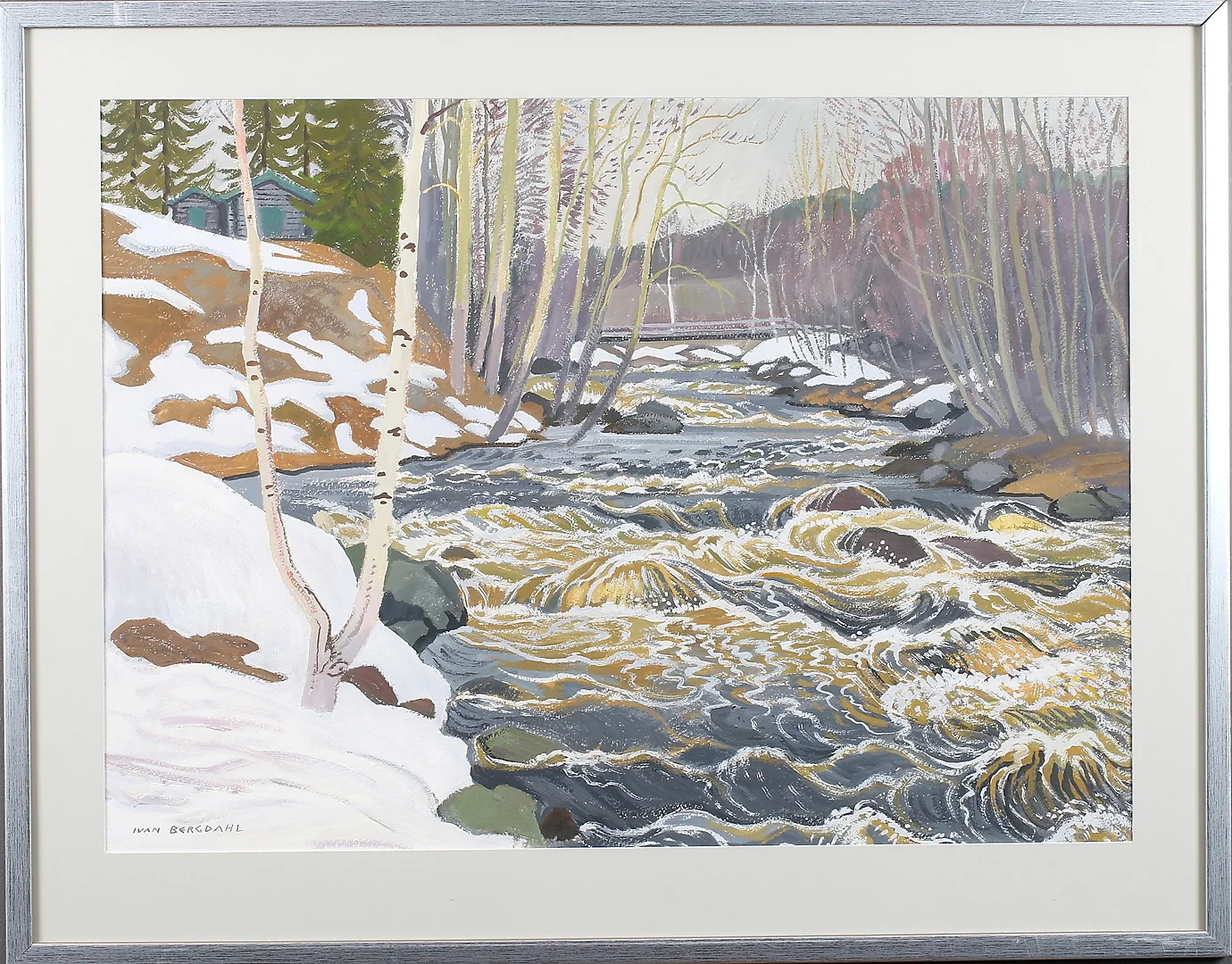 IVAN BERGDAHL. Gouache, "Snösmältning vid Gådeå dammen, Härnösand", signerad. — Paintings — Stadsauktion Sundsvall