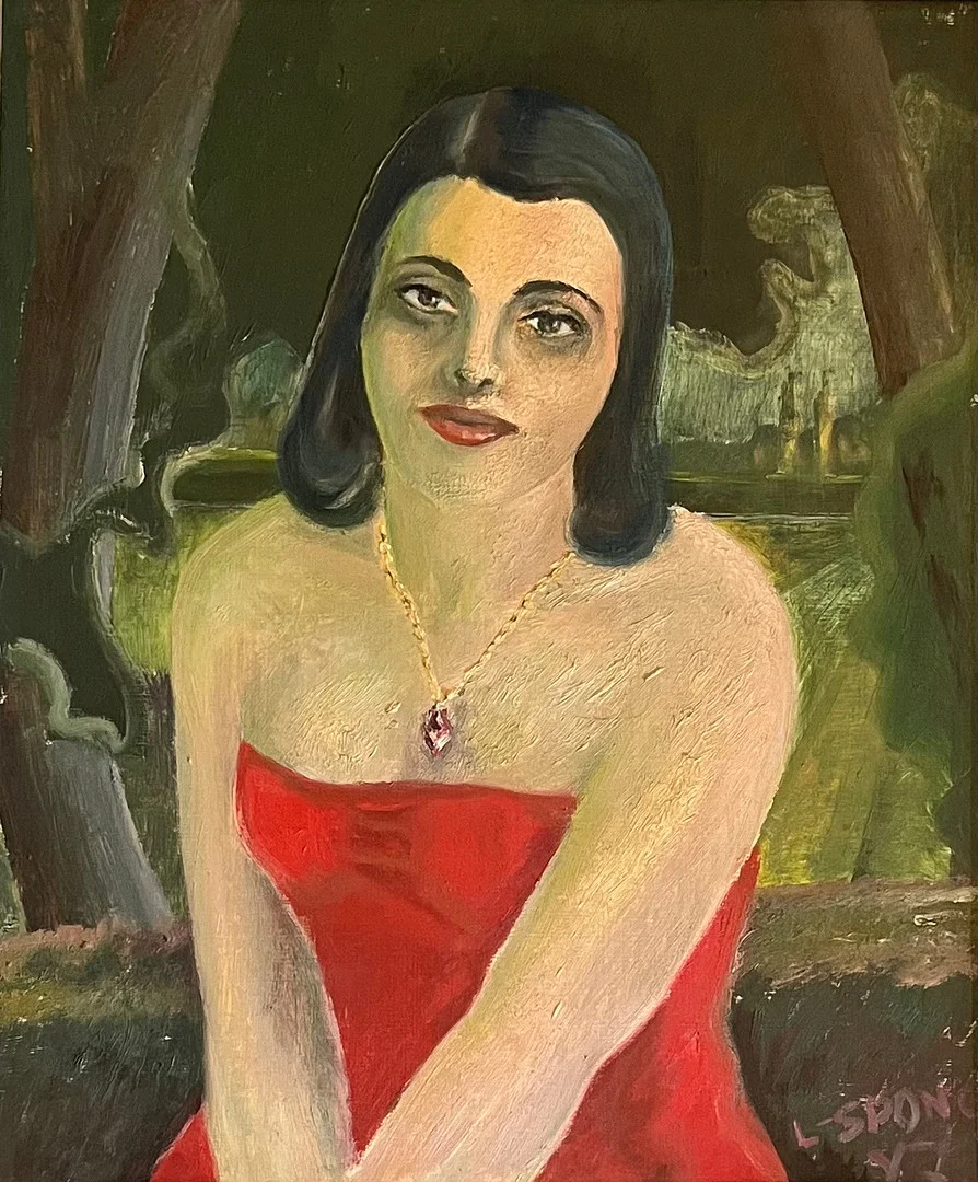 LENNART SPONG. Kvinna i röd klänning. Olja på pannå. Signmerad och otydligt daterad. — Paintings — Auktionshuset Thörner & Ek