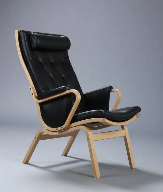 Finn Østergaard for Stouby. High armchair, 'Albert de Luxe', beech, black Florence leather.