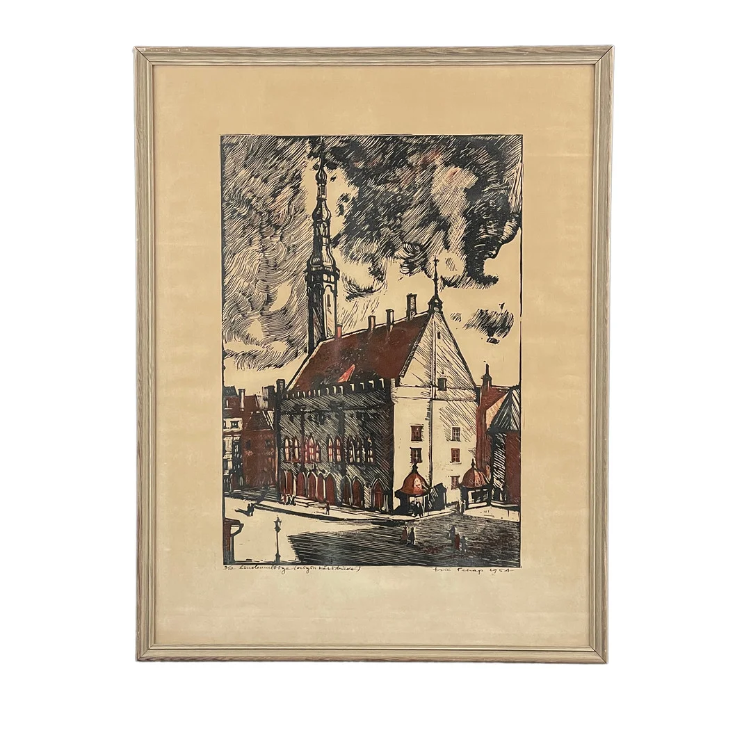 ERIC PEHAP (1912 - 1981), linoliumsnitt med färg, Kyrka, signerad, daterad 1954 samt numrerad 3/12. — Engravings & Prints — Roslagens Auktionsverk