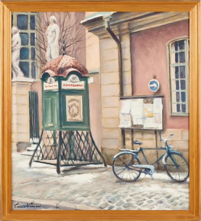 GUNNAR STÅLBRAND. "Telefonkiosk", olja på duk, signerad.