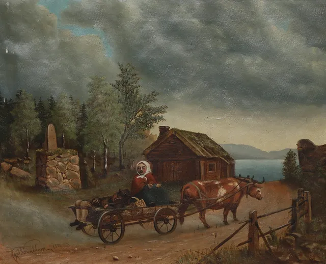 KARL TÖRNBLOM. Olja på duk, oxdragen kärra på skogsväg, signerad, daterad 1881.