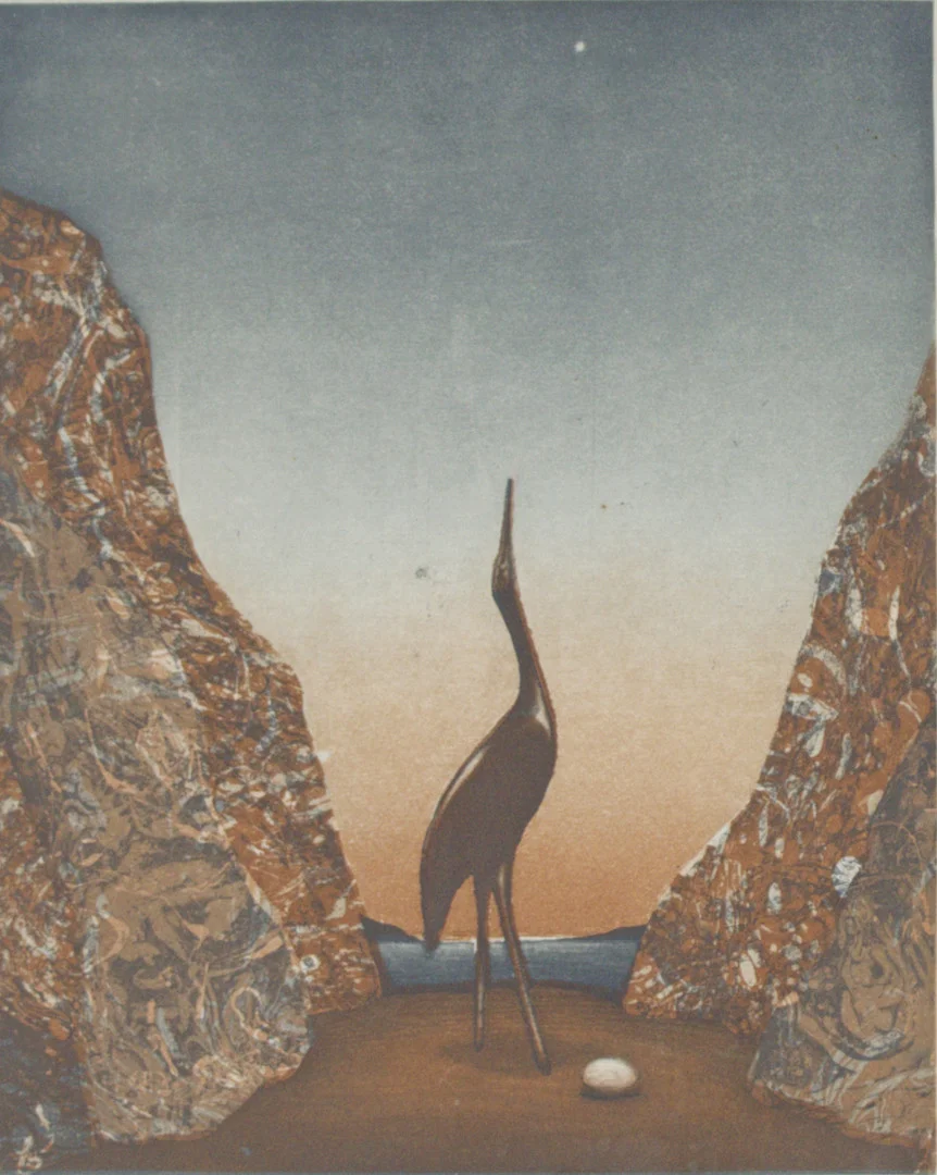 STEFAN SJÖBERG. Etsning, 46/130, komposition med fågel, signerad. — Engravings & Prints — Höganäs Auktionsverk