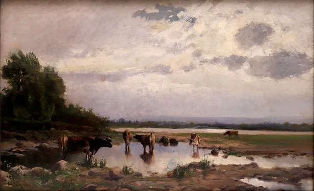 JOAQUIM VAYREDA I VILA. ESCUELA CATALANA. PAISAJE CON VACAS. ÓLEO SOBRE LIENZO CON CERTIFICADO SR. BARRACHINA.