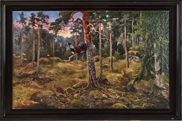 GÖSTA YDSTRÖM (1861-1952). Tjäderpar i tallskog, olja på duk.