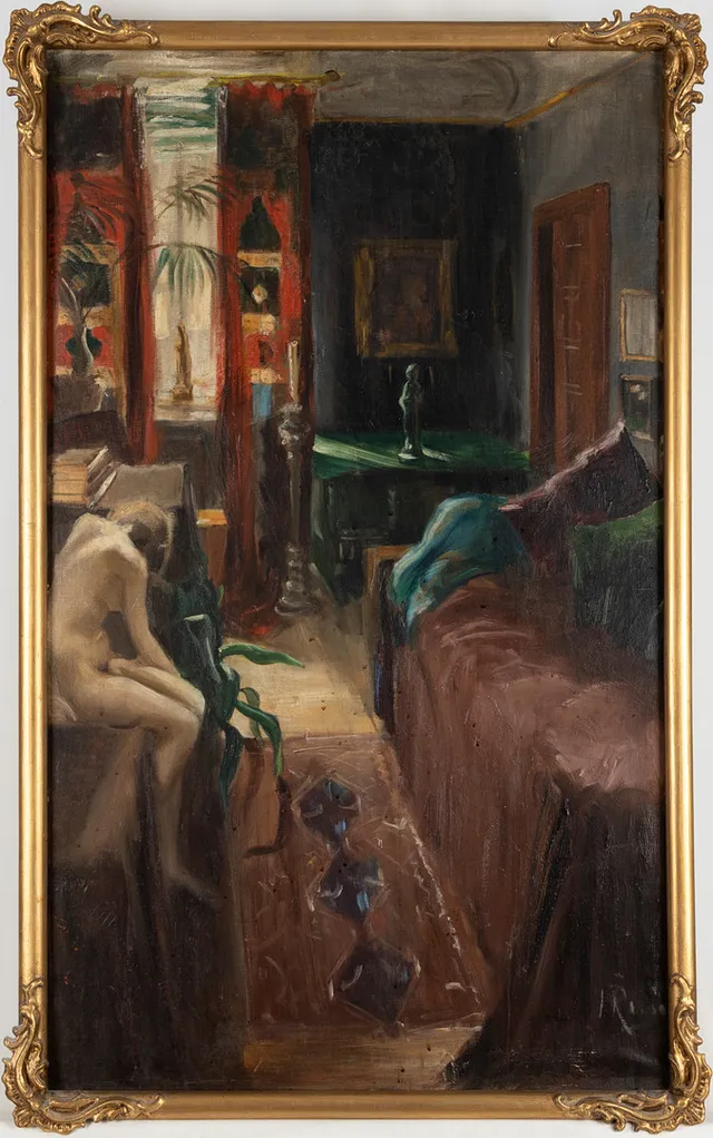 INGRID RUIN (1881-1956). Interiör med nakenmodell, signerad, olja på duk.