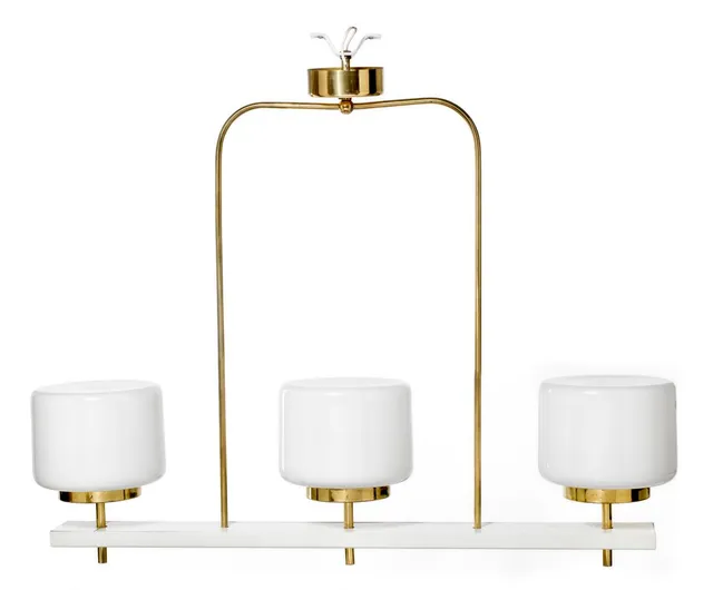 Ceiling lamp with white painted metal and brass frame. Three opal glass shades. Designed 1963. Manufactured 1960s by Idman Oy, Finland. H. 98 cm. L. 112 cm.