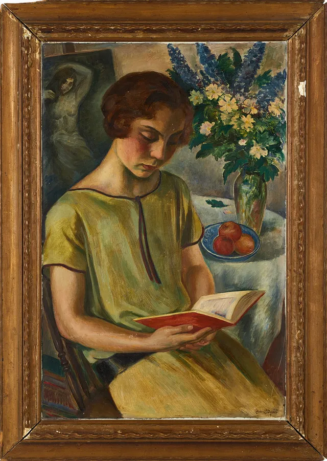 CARL MAGNUS LINDQVIST (Sverige, 1884-1977) Läsande kvinna i grön klänning, signerad, olja på duk.