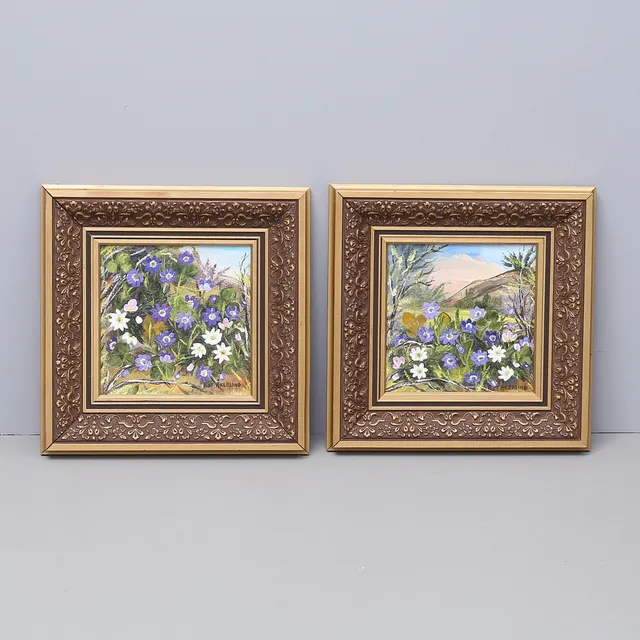 RUT ÅKERLIND. Olja på duk, 2 st, vårblommor, signerade.