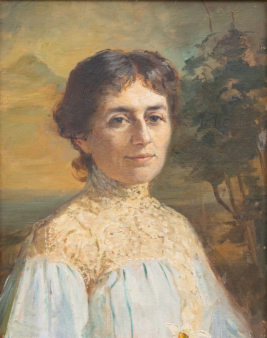 EMILIA LÖNBLAD. Porträtt, olja på duk, a tergo intyg. — Paintings — Garpenhus Auktioner