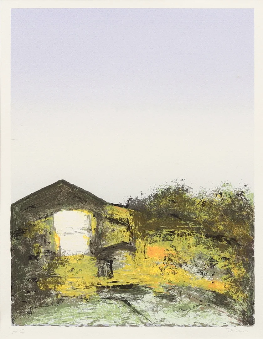 ROLF DALIN (FÖDD 1934). Landskap med byggnad, färglitografi nr HC, signerad. — Engravings & Prints — Garpenhus Auktioner