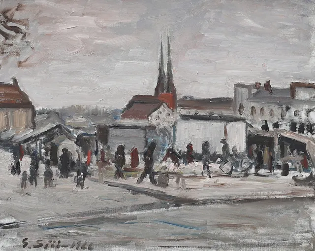 GUSTAF SJÖÖ. Stortorget, Växjö. Olja på duk, signerad och daterad 1966.