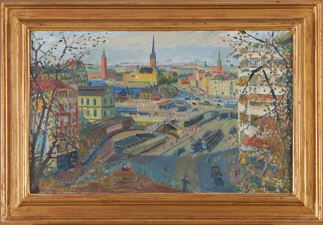 KURT LINDON. (1910-1985). Vy över Slussen, signerad och daterad LINDON -47, olja på duk.