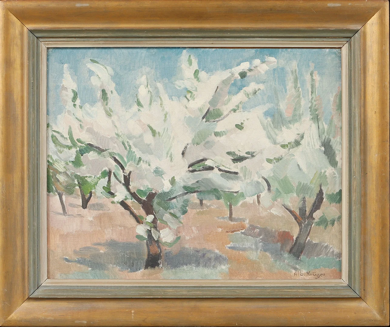 ALBERT KRÜGER. "Blommande fruktträd", olja på pannå, signerad. — Paintings — Göteborgs Auktionsverk