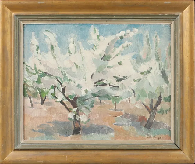 ALBERT KRÜGER. "Blommande fruktträd", olja på pannå, signerad.