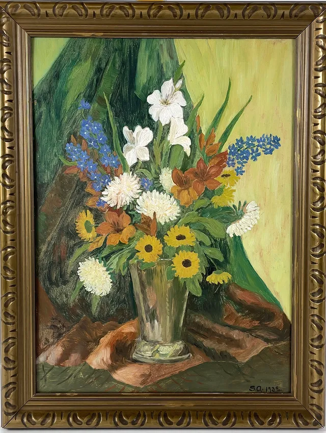 OIDENTIFIERAD KONSTNÄR, olja på pannå, blomsterstilleben, signerad S. A. samt daterad 1932.