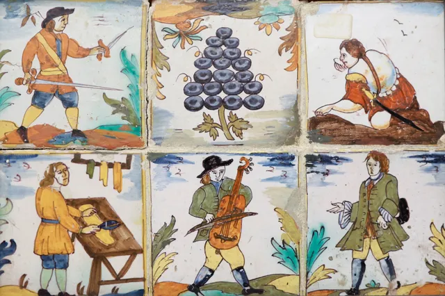 Panel with six "d'Arts i Oficis" Catalan tiles, 18th Century.