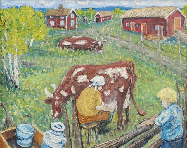 HÅKAN STAHRE. Mjölkning, olja på duk, signerad.