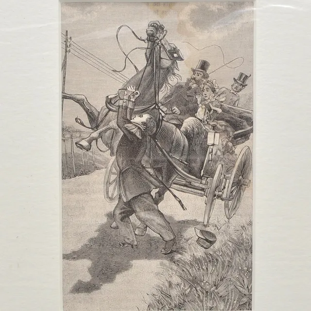 UNFALLSZENE MIT KUTSCHER, STAHLSTICH, UM 1895, IM PASSEPARTOUT.