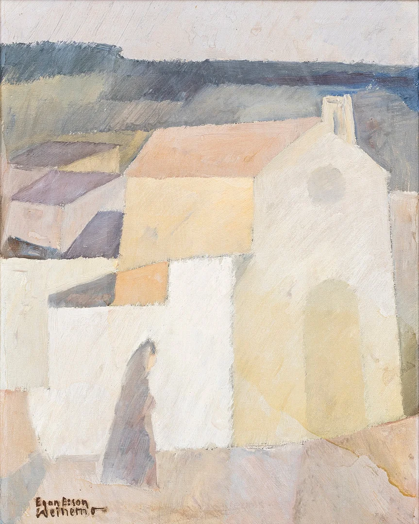 EGON ERICSSON WEINEMO, kompositon med kyrka, olja på pannå , signerad. — Paintings — Auktionshuset Kolonn