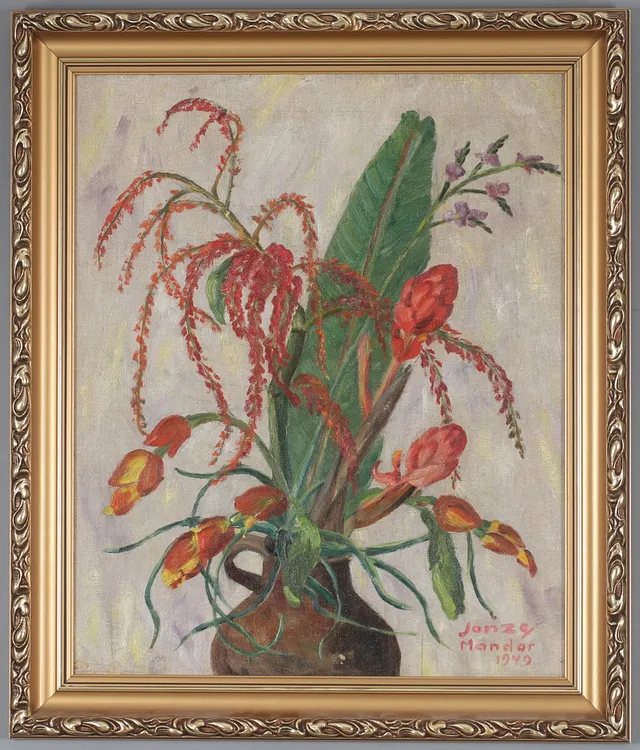 PAUL JONZE. Blommor i lerkärl, olja på pannå, signerad och daterad 1949.
