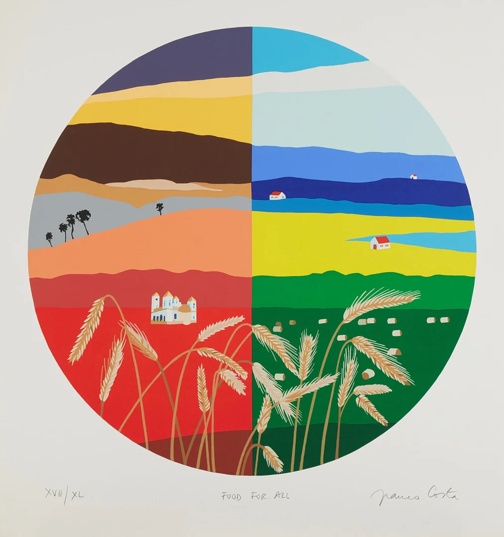 FRANCO COSTA. "Food for all", färgserigrafi, 77,5 x 75 cm. — Engravings & Prints — Stockholms Auktionsverk Magasin 5