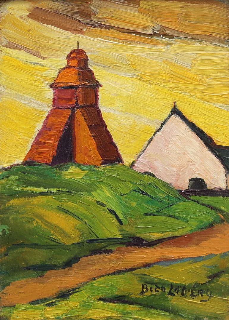 BEDA LÖBERG (HJO, 1895-1974). Landskap med byggnader, olja på pannå, signerad, daterad 1956. — Paintings — Växjö Auktionskammare