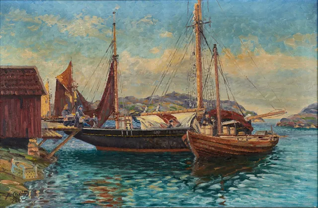 ALFRED COLLIN (Sverige, 1880-1944): Fiskebåtar, signerad och daterad A. Collin 1928, olja på duk.