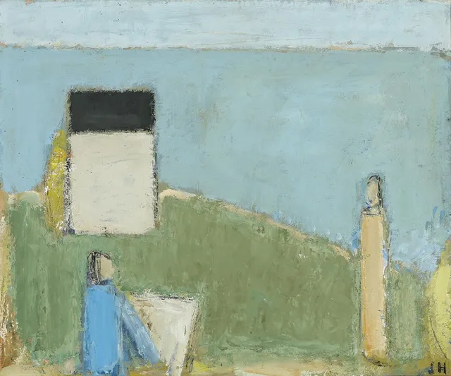 Landscape with house and two figures. Signed JH. Oil on panel. 50×60 cm.