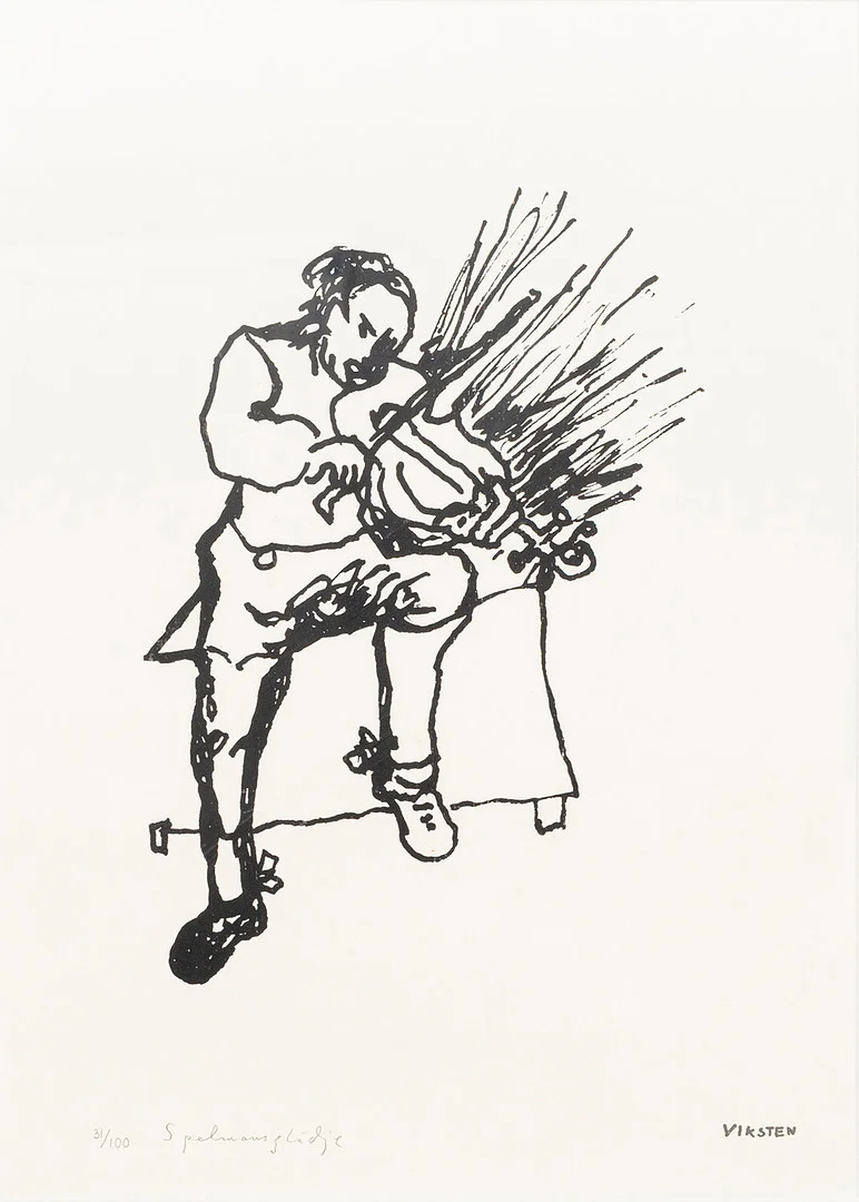 HANS VIKSTEN. Spelmansglädje, litografi, signerad, numrerad 31/100. — Engravings & Prints — Auktionshuset Kolonn